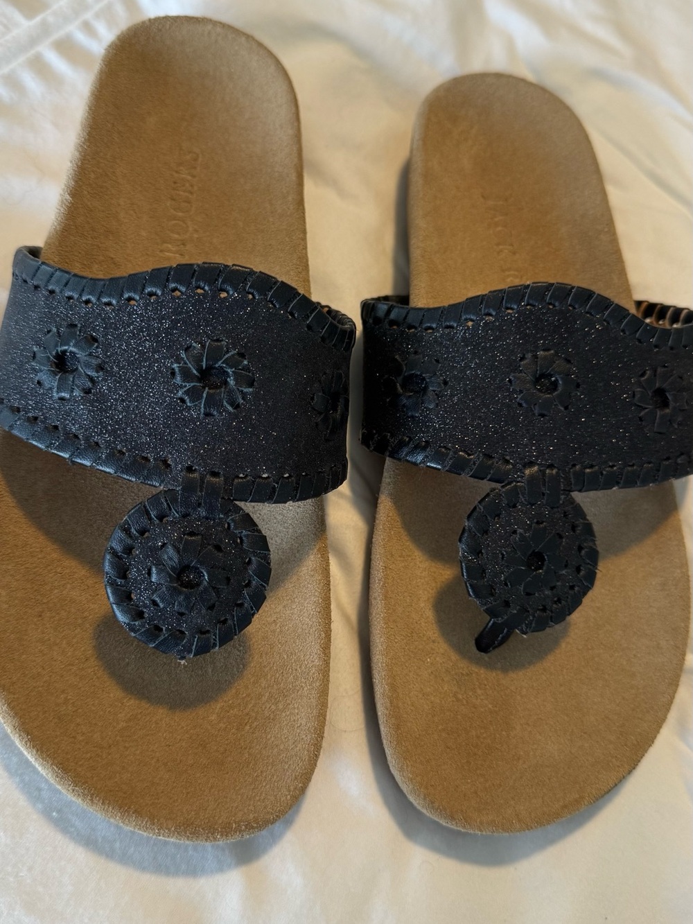 Jack Rogers Cleo Sparkle Black Glitter Sandals 6.5M Like New